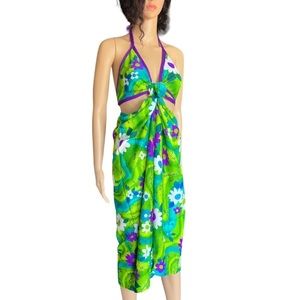 70s Vintage Handmade Vibrant Green, teal Purple Bikini Top with Sarong Size XS/S